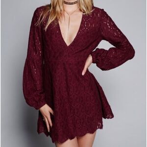 FREE PEOPLE Long Sleeve Burgundy Lace Mini Dress